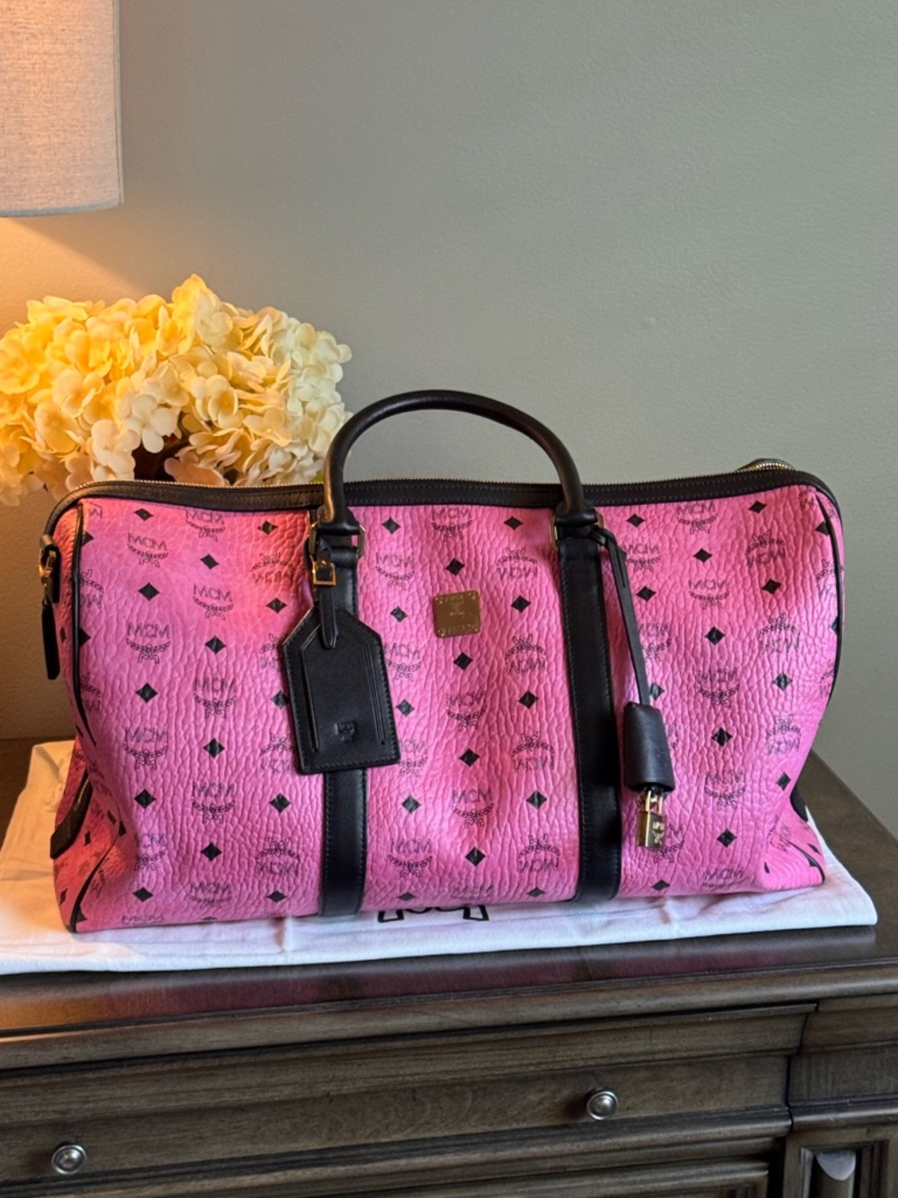 MCM Pink Visetos Travel Duffle with Black Trim